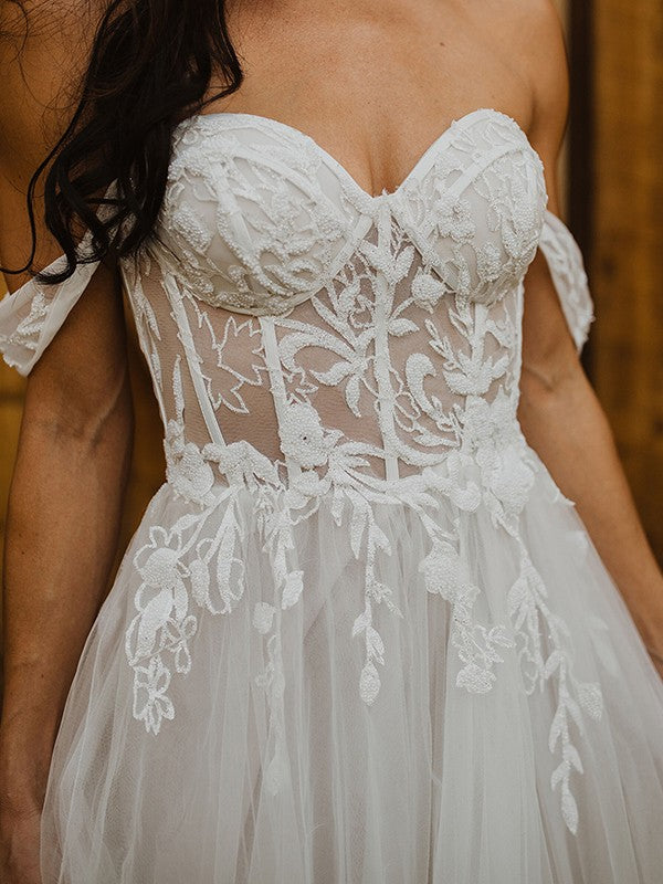 A-Line/Princess Tulle Applique Off-the-Shoulder Sleeveless Sweep/Brush Train Wedding Dresses