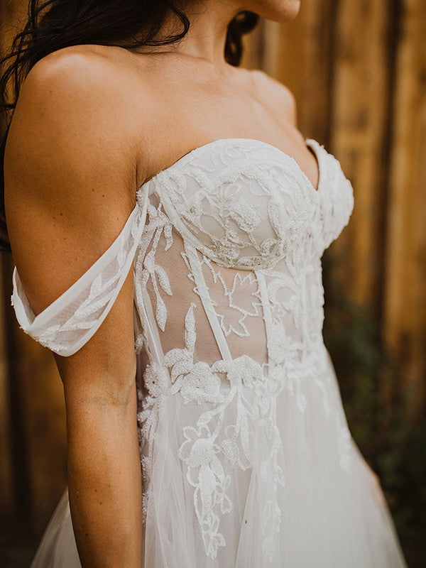 A-Line/Princess Tulle Applique Off-the-Shoulder Sleeveless Sweep/Brush Train Wedding Dresses