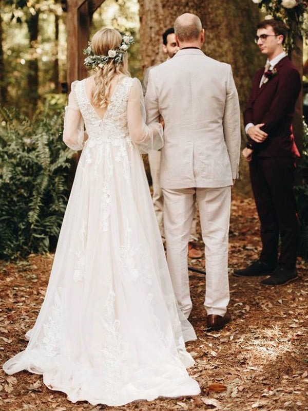 A-Line/Princess Tulle Applique V-neck Long Sleeves Sweep/Brush Train Wedding Dresses
