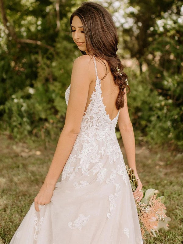 A-Line/Princess Tulle Applique V-neck Sleeveless Sweep/Brush Train Wedding Dresses