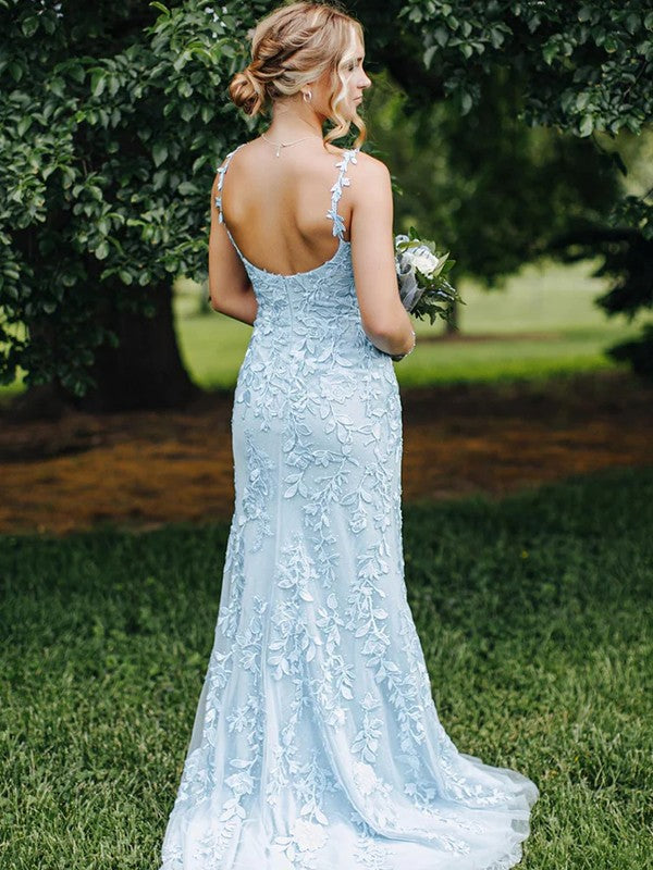 Sheath/Column Tulle Applique Straps Sleeveless Sweep/Brush Train Dresses