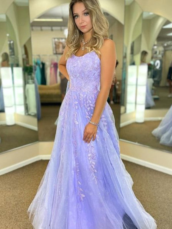 A-Line/Princess Tulle Applique Spaghetti Straps Sleeveless Sweep/Brush Train Dresses