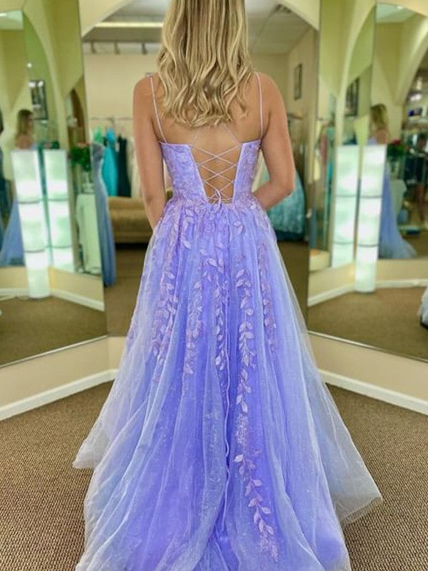 A-Line/Princess Tulle Applique Spaghetti Straps Sleeveless Sweep/Brush Train Dresses