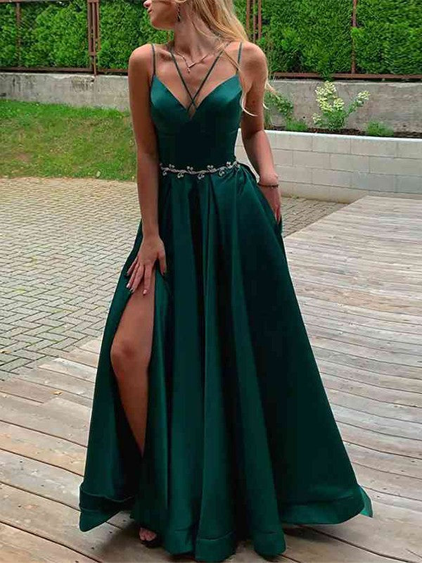 A-Line/Princess Elastic Woven Satin Spaghetti Straps Sleeveless Sweep/Brush Train Dresses