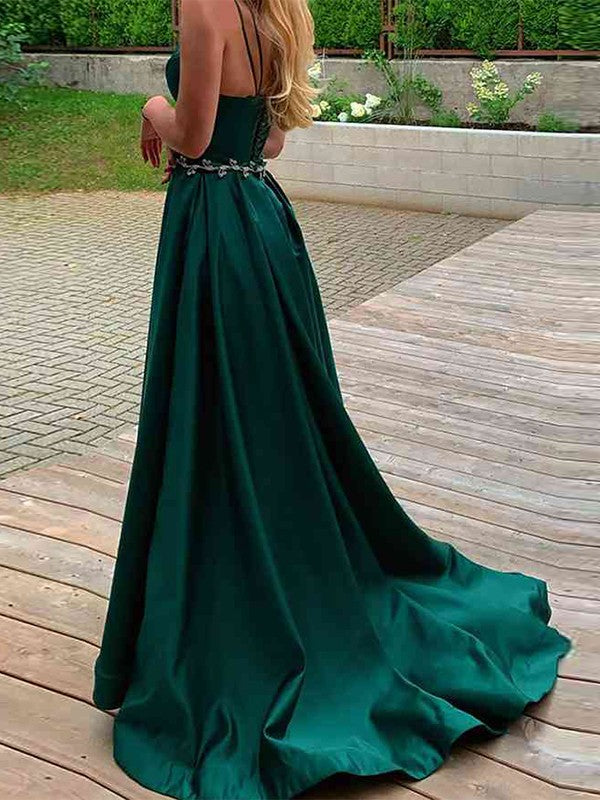 A-Line/Princess Elastic Woven Satin Spaghetti Straps Sleeveless Sweep/Brush Train Dresses