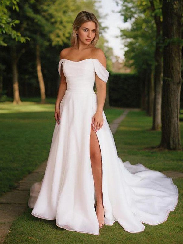 A-Line/Princess Organza Ruched Off-the-Shoulder Sleeveless Chapel Train Wedding Dresses