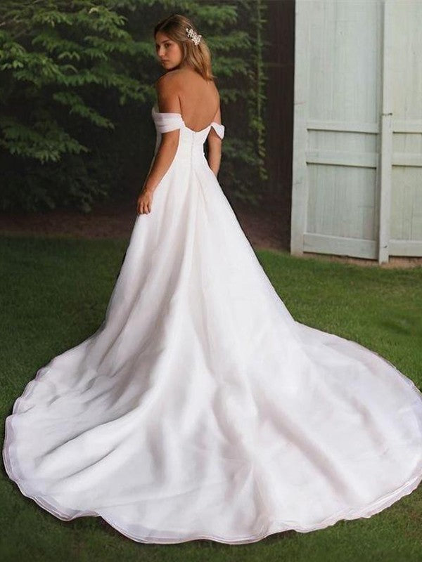 A-Line/Princess Organza Ruched Off-the-Shoulder Sleeveless Chapel Train Wedding Dresses
