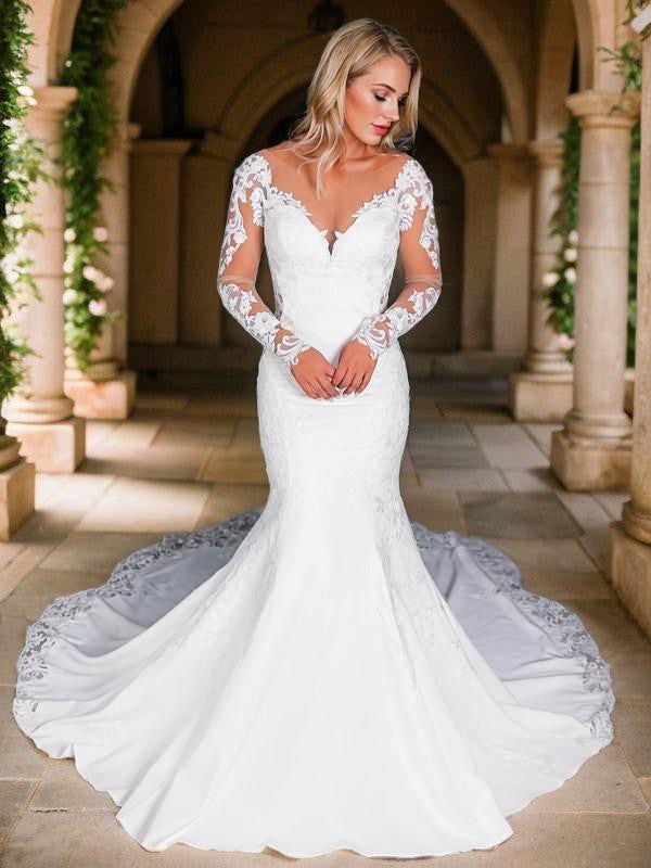 Trumpet/Mermaid Stretch Crepe Applique Scoop Long Sleeves Cathedral Train Wedding Dresses
