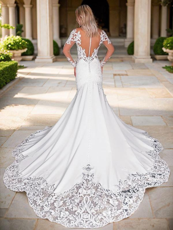 Trumpet/Mermaid Stretch Crepe Applique Scoop Long Sleeves Cathedral Train Wedding Dresses