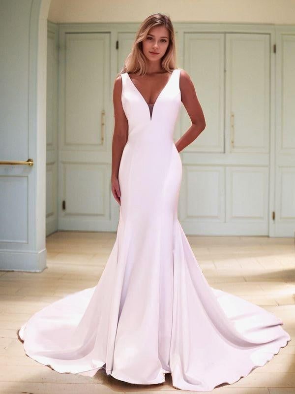 Sheath/Column Stretch Crepe V-neck Sleeveless Chapel Train Wedding Dresses