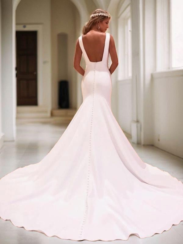 Sheath/Column Stretch Crepe V-neck Sleeveless Chapel Train Wedding Dresses