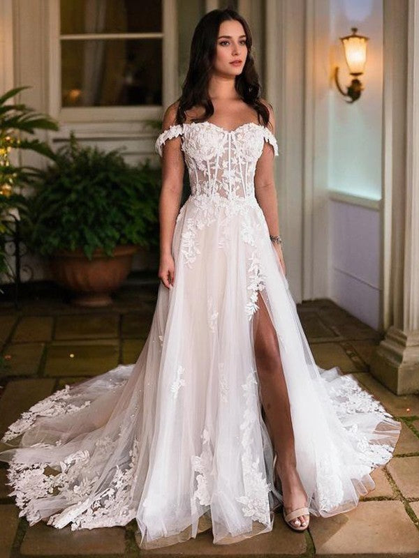 A-Line/Princess Tulle Applique Off-the-Shoulder Sleeveless Chapel Train Corset Wedding Dresses