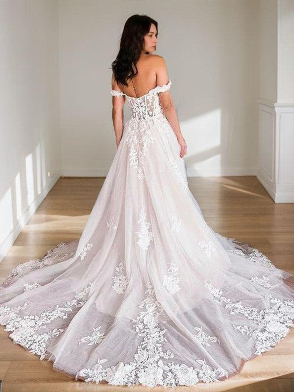 A-Line/Princess Tulle Applique Off-the-Shoulder Sleeveless Chapel Train Corset Wedding Dresses