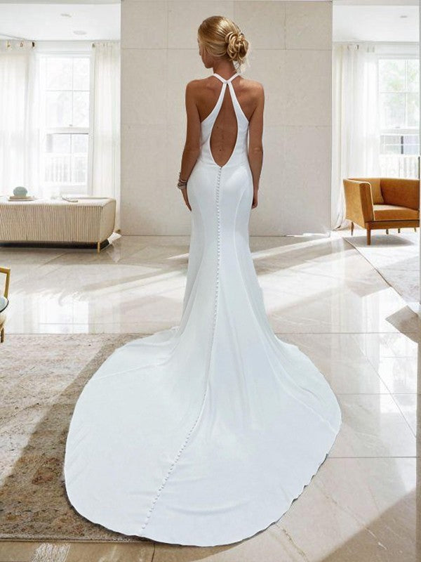 Sheath/Column Stretch Crepe Halter Sleeveless Cathedral Train Wedding Dresses