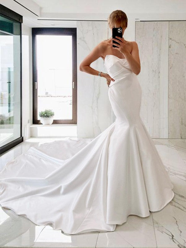 Trumpet/Mermaid Satin Ruched Strapless Sleeveless Chapel Train Wedding Dresses
