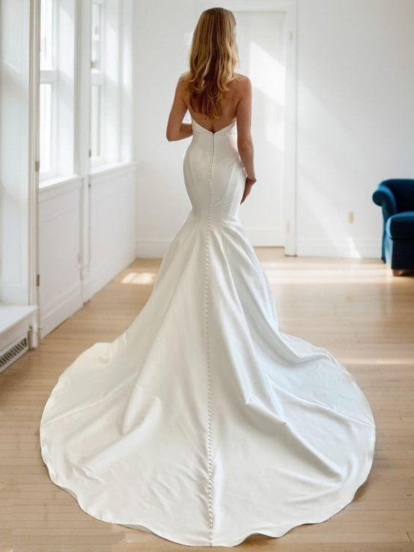 Trumpet/Mermaid Satin Ruched Strapless Sleeveless Chapel Train Wedding Dresses