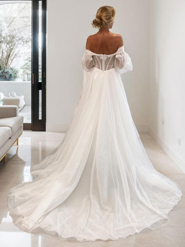 A-Line/Princess Tulle Sweetheart Long Sleeves Chapel Train Corset Convertible Wedding Dresses