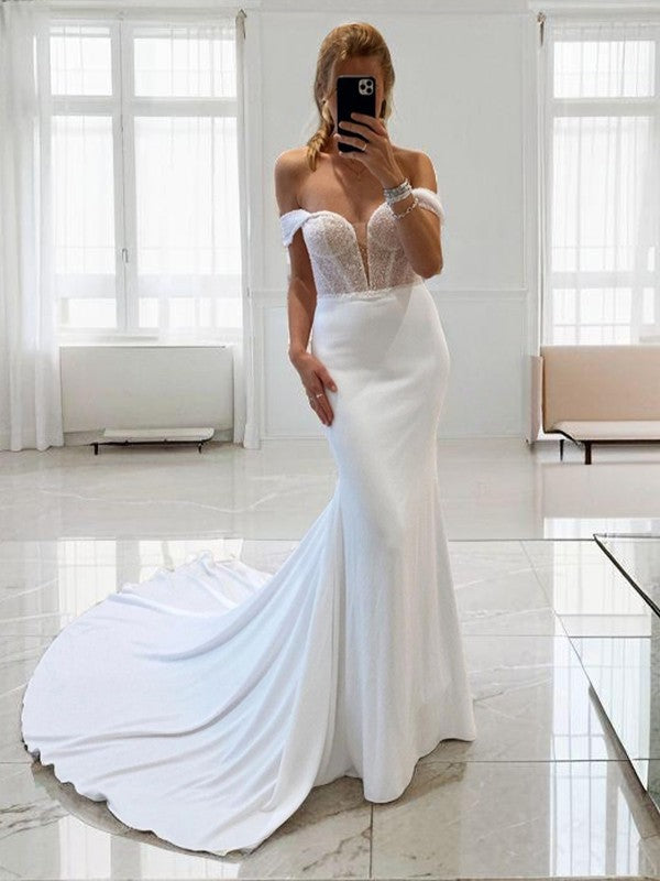 Sheath/Column Charmeuse Off-the-Shoulder Sleeveless Court Train Corset Wedding Dresses