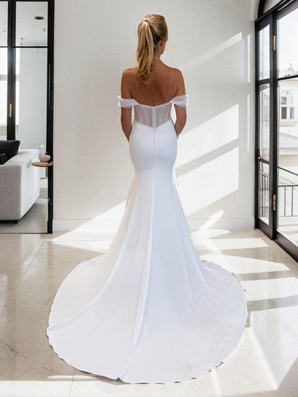 Sheath/Column Charmeuse Off-the-Shoulder Sleeveless Court Train Corset Wedding Dresses