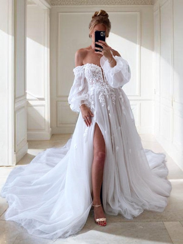 A-Line/Princess Tulle Applique Off-the-Shoulder Long Sleeves Court Train Corset Wedding Dresses