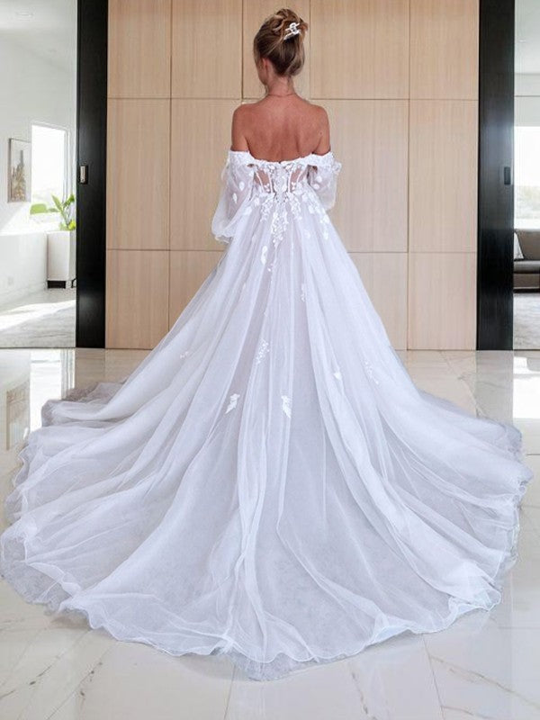 A-Line/Princess Tulle Applique Off-the-Shoulder Long Sleeves Court Train Corset Wedding Dresses