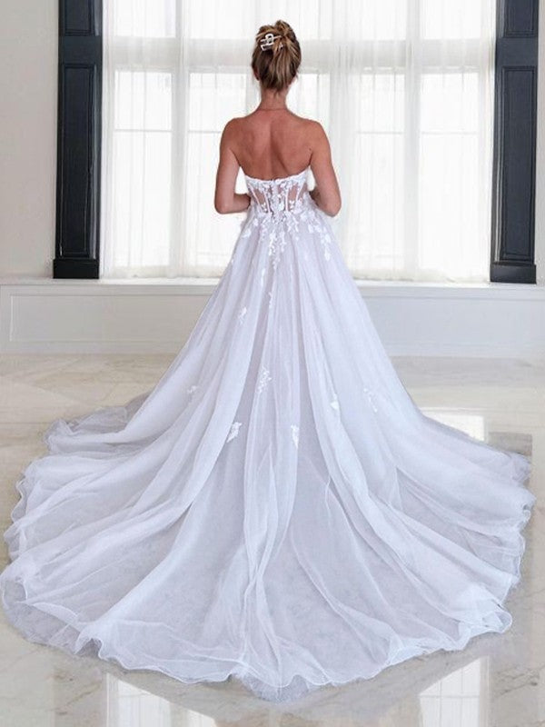 A-Line/Princess Tulle Applique Off-the-Shoulder Long Sleeves Court Train Corset Wedding Dresses