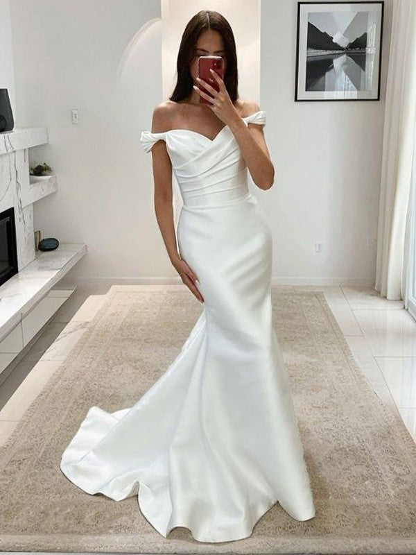 Sheath/Column Satin Ruched Off-the-Shoulder Sleeveless Court Train Wedding Dresses