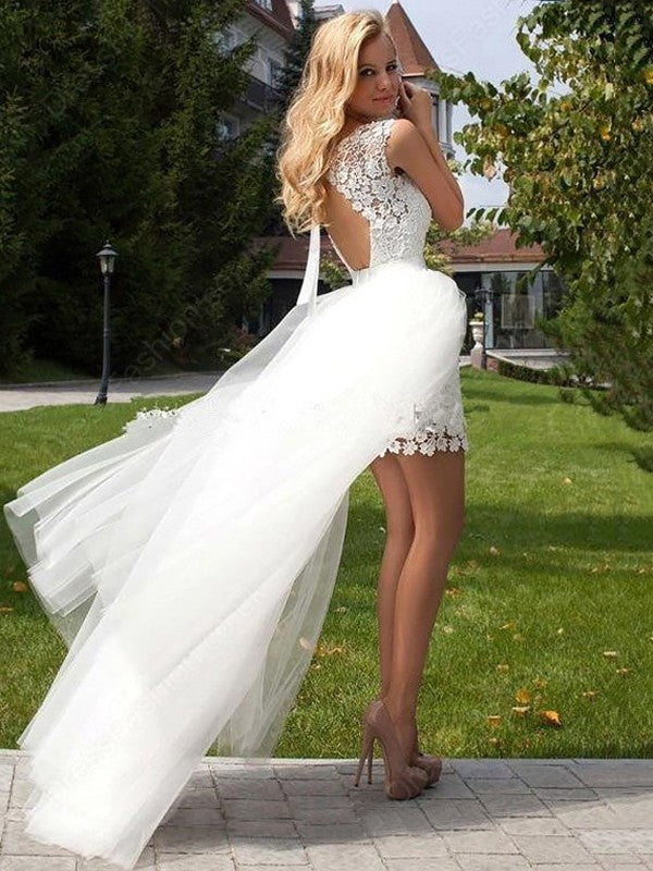 Sheath/Column Sleeveless Lace Scoop Floor-Length Tulle Wedding Dresses