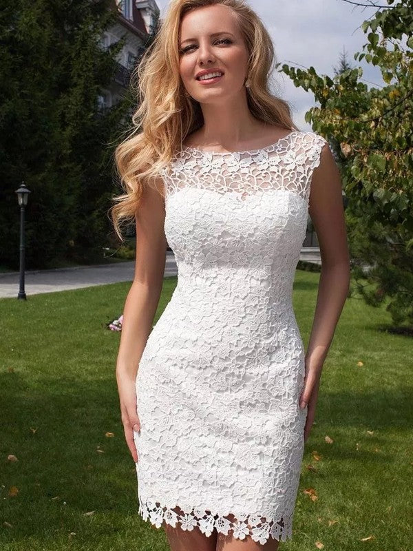 Sheath/Column Sleeveless Lace Scoop Floor-Length Tulle Wedding Dresses