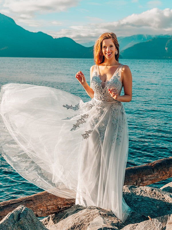 A-Line/Princess Applique V-neck Tulle Floor-Length Sleeveless Dresses