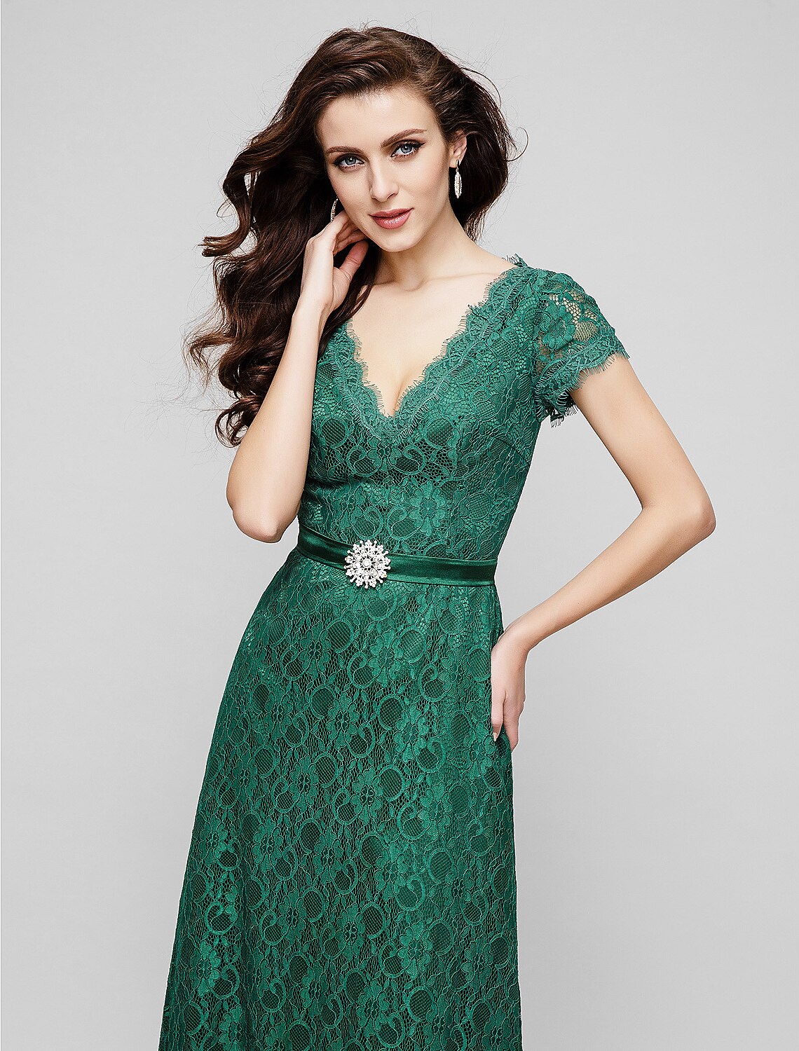 A-Line Elegant Dress Holiday Cocktail Party Floor Length Short Sleeve V Neck All Over Lace with Crystal Brooch