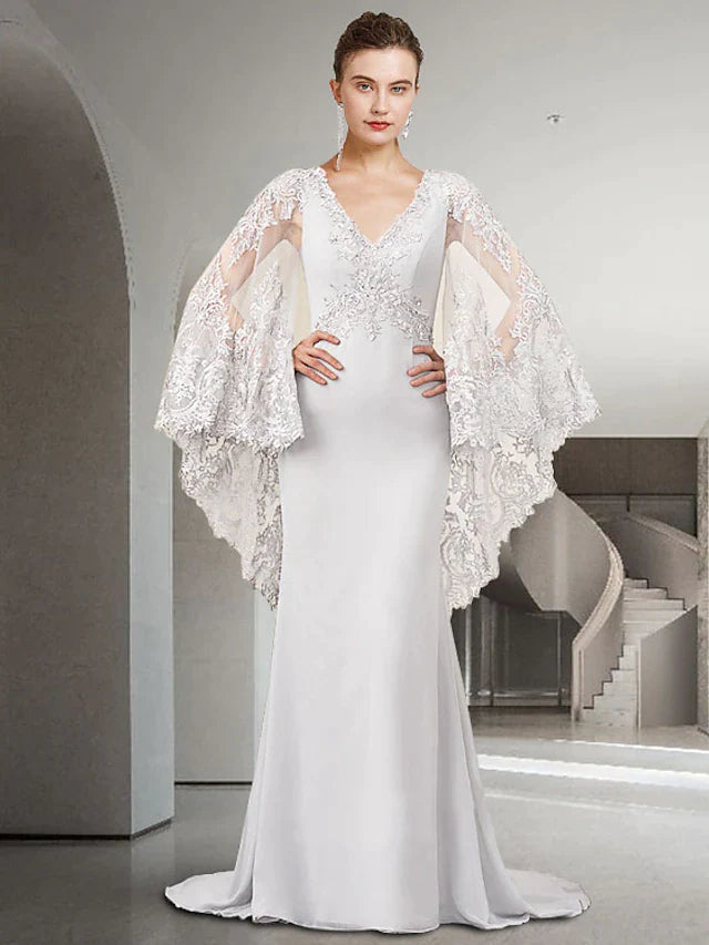 Sheath / Column Mother of the Bride Dress Luxurious Elegant V Neck Sweep / Brush Train Chiffon Lace Long Sleeve with Beading Appliques