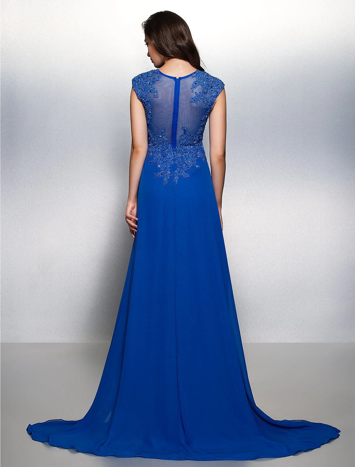 Sheath / Column Elegant Floral Formal Evening Wedding Party Dress Illusion Neck Short Sleeve Sweep / Brush Train Chiffon with Appliques