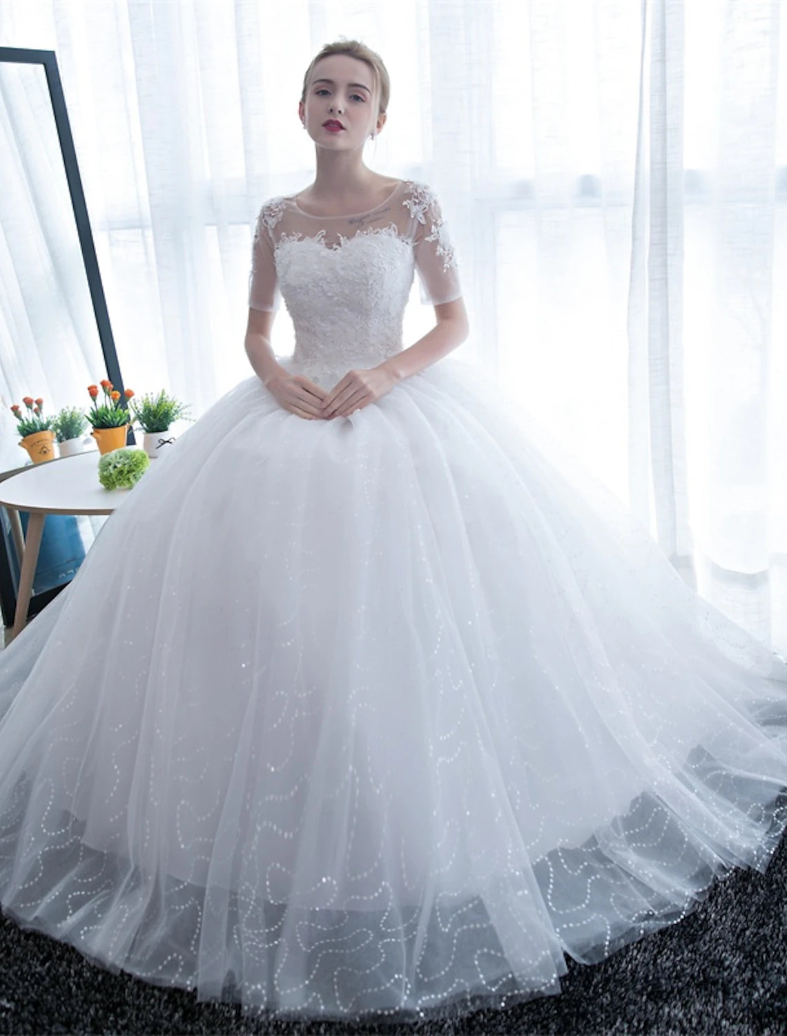 Reception Formal Wedding Dresses Ball Gown Illusion Neck Half Sleeve Floor Length Satin Bridal Gowns With Lace Summer Wedding Party
