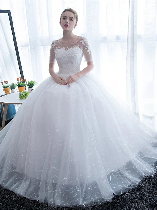 DingjiEngagement Formal Wedding Dresses Floor Length Ball Gown Half Sleeve Illusion Neck Satin With Lace