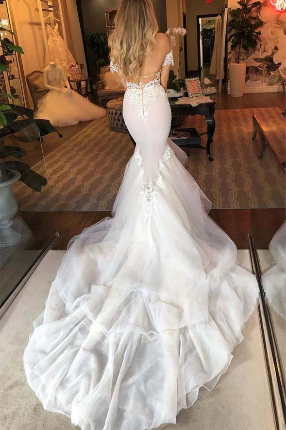 Tulle Mermaid Sweetheart Lace Appliques Wedding Dresses