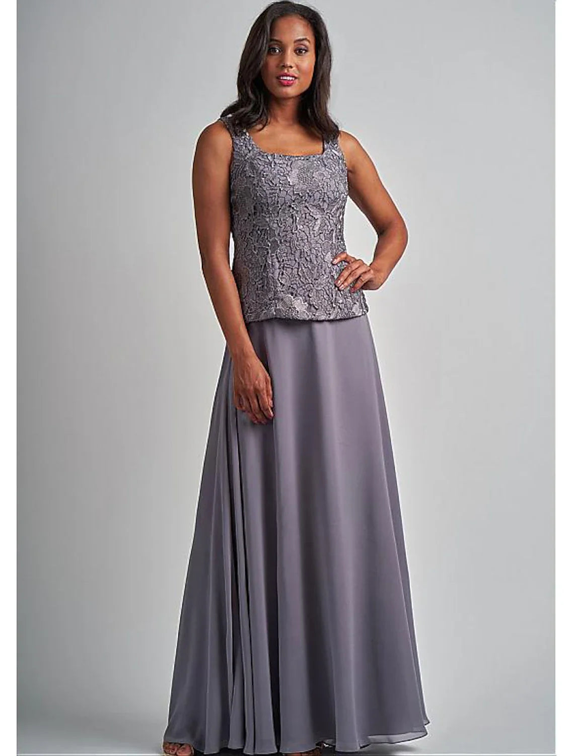 DingjiTwo Piece A-Line Mother of the Bride Dress Elegant Square Neck Floor Length Chiffon Lace 3/4 Length Sleeve Wrap Included with Appliques