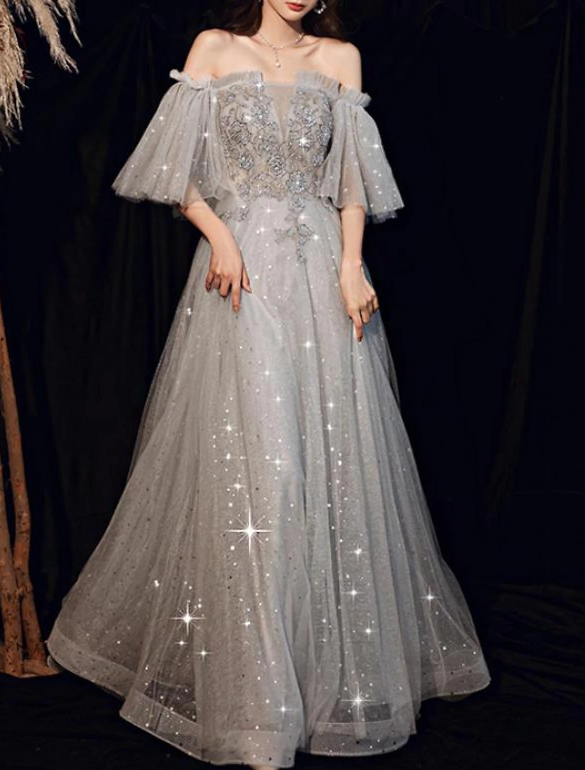 A-Line Prom Dresses Glittering Dress Engagement Formal Evening Floor Length Half Sleeve Off Shoulder Tulle with Pleats Beading Sequin