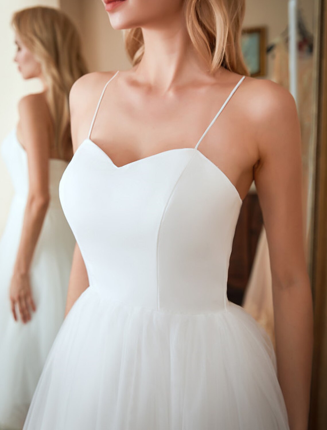 Reception Little White Dresses Wedding Dresses A-Line Sweetheart Camisole Spaghetti Strap Tea Length Satin Bridal Gowns With Solid Color