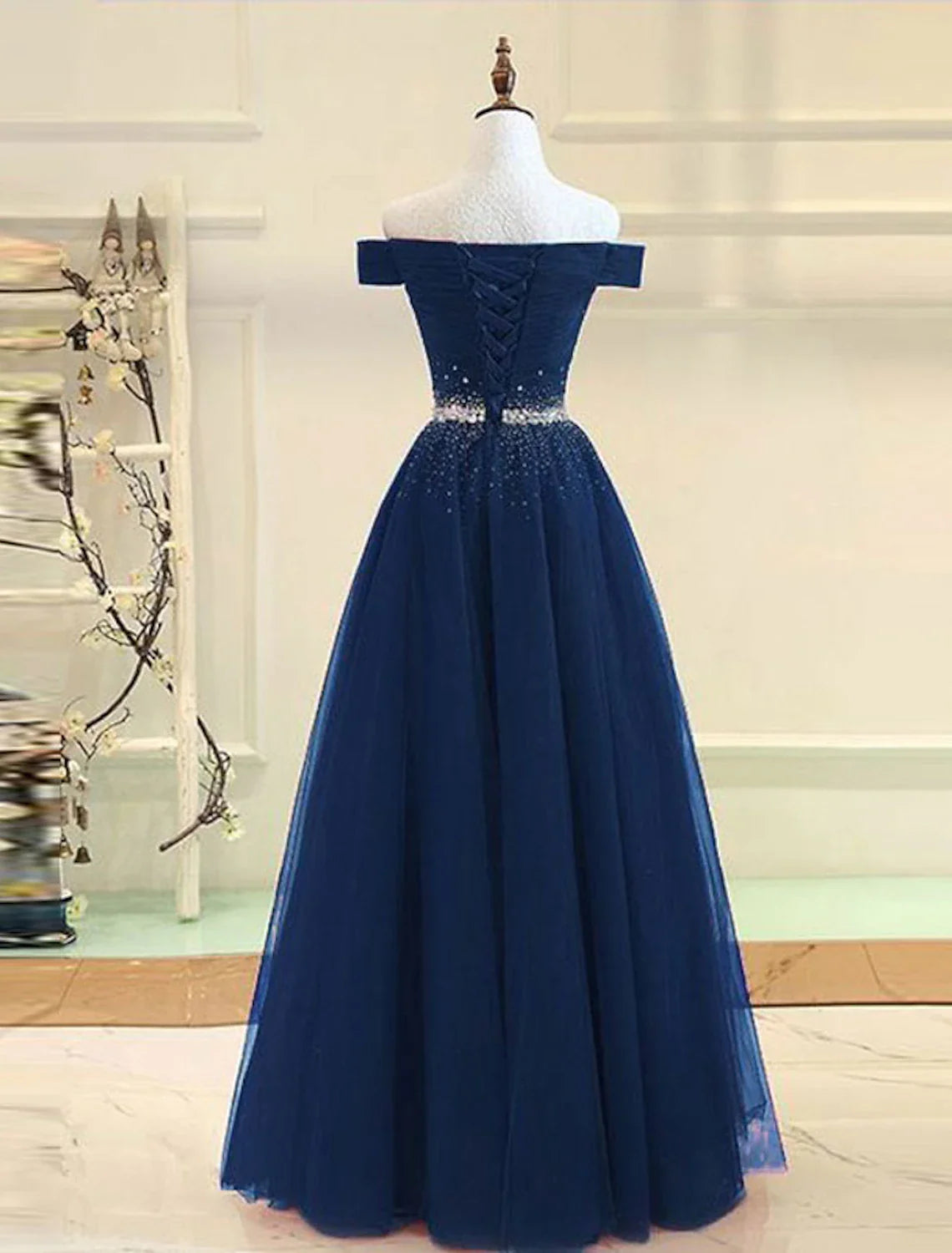 DingjiA-Line Evening Gown Party Dress Party Wear Floor Length Short Sleeve One Shoulder Tulle with Beading
