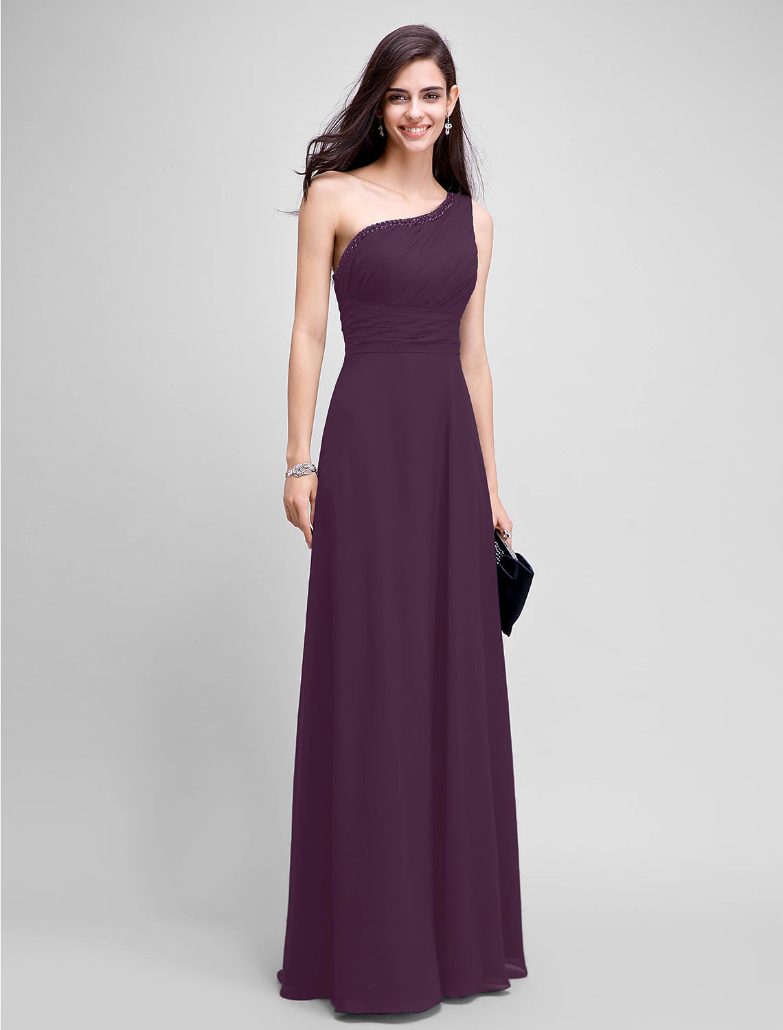 Sheath / Column Empire Dress Wedding Guest Formal Evening Floor Length Sleeveless One Shoulder Bridesmaid Dress Chiffon with Ruched Beading