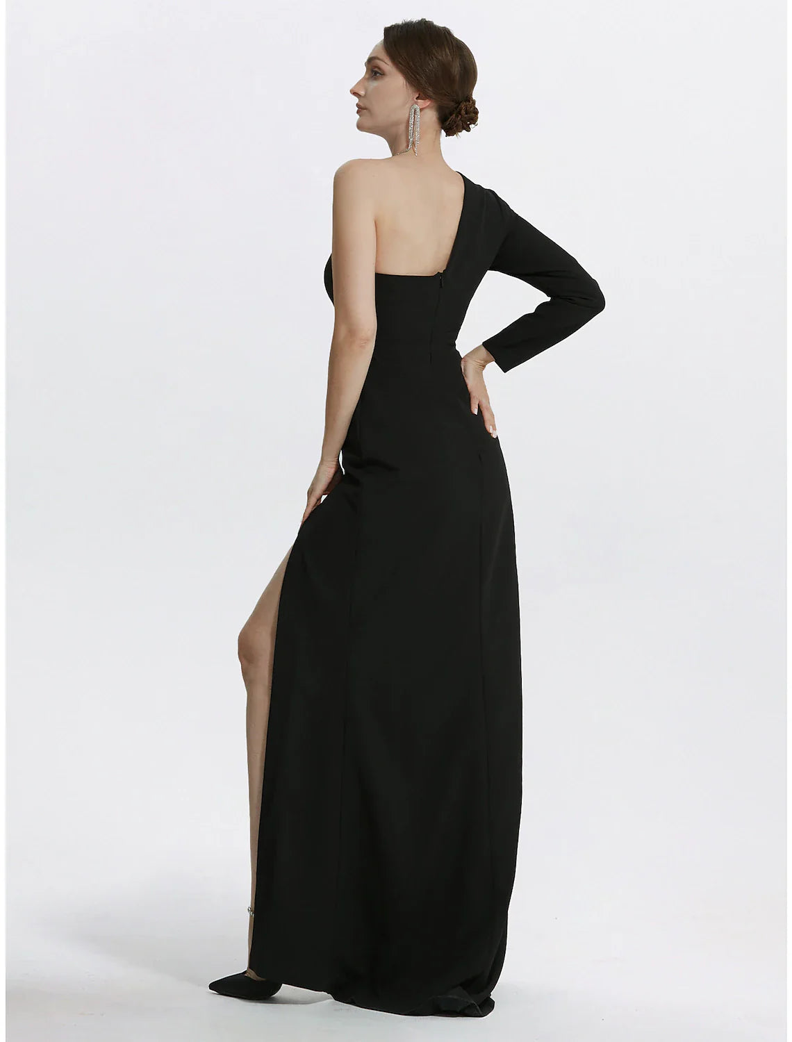 DingjiMermaid Evening Gown Elegant Black Dress Wedding Guest Prom Floor Length Long Sleeve One Shoulder Stretch Fabric with Slit