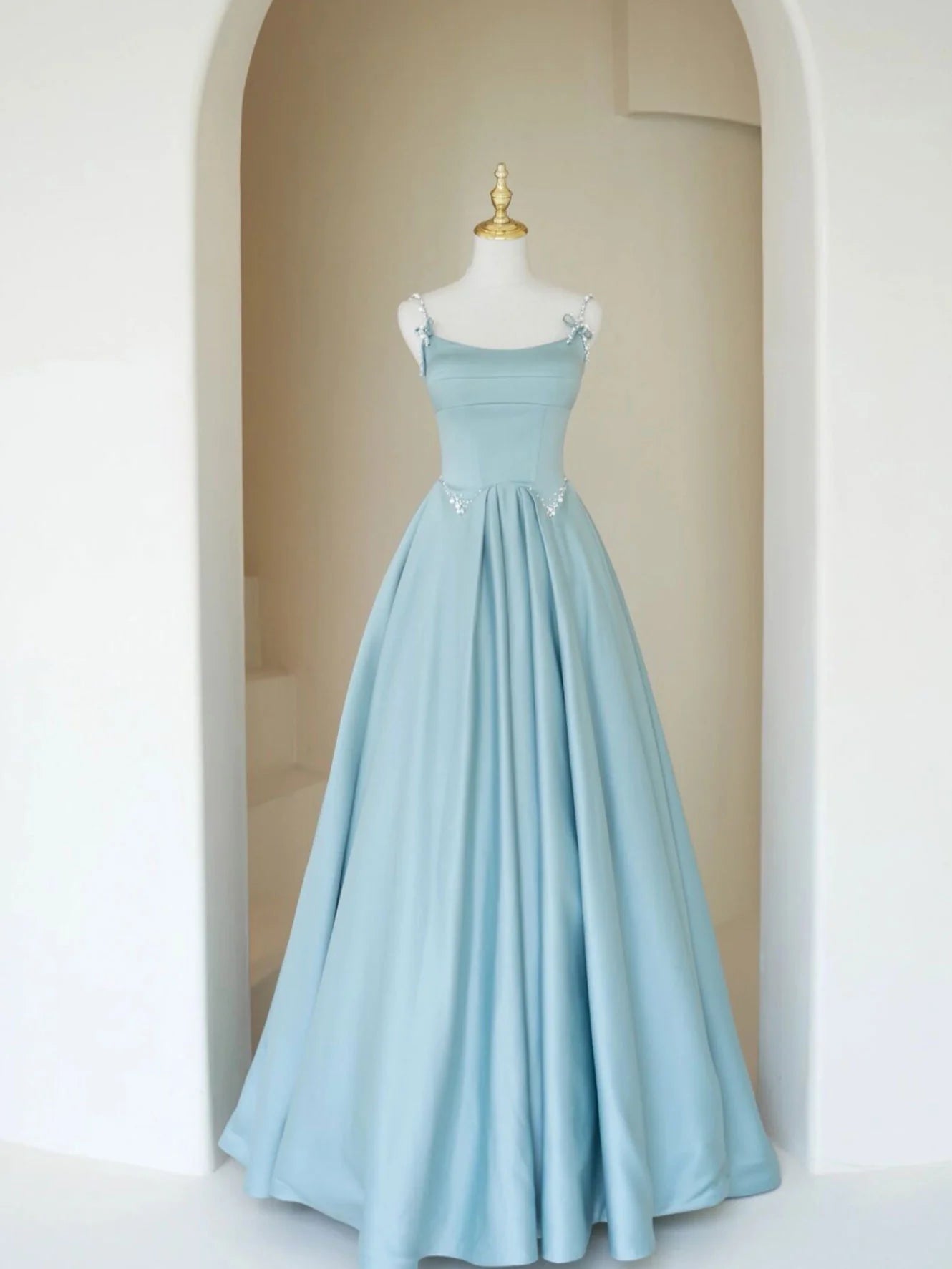 A Line Satin Long Prom Dress Blue Long Bridesmaid Dress