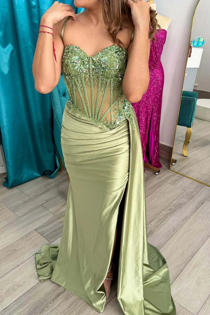 Stunning Sage Green Ruched Slit Prom Dress