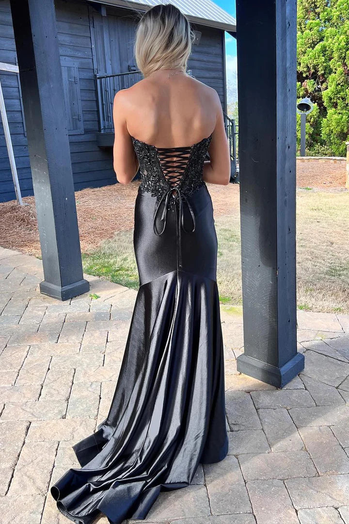 Sweetheart Lace Satin Black Prom Dress