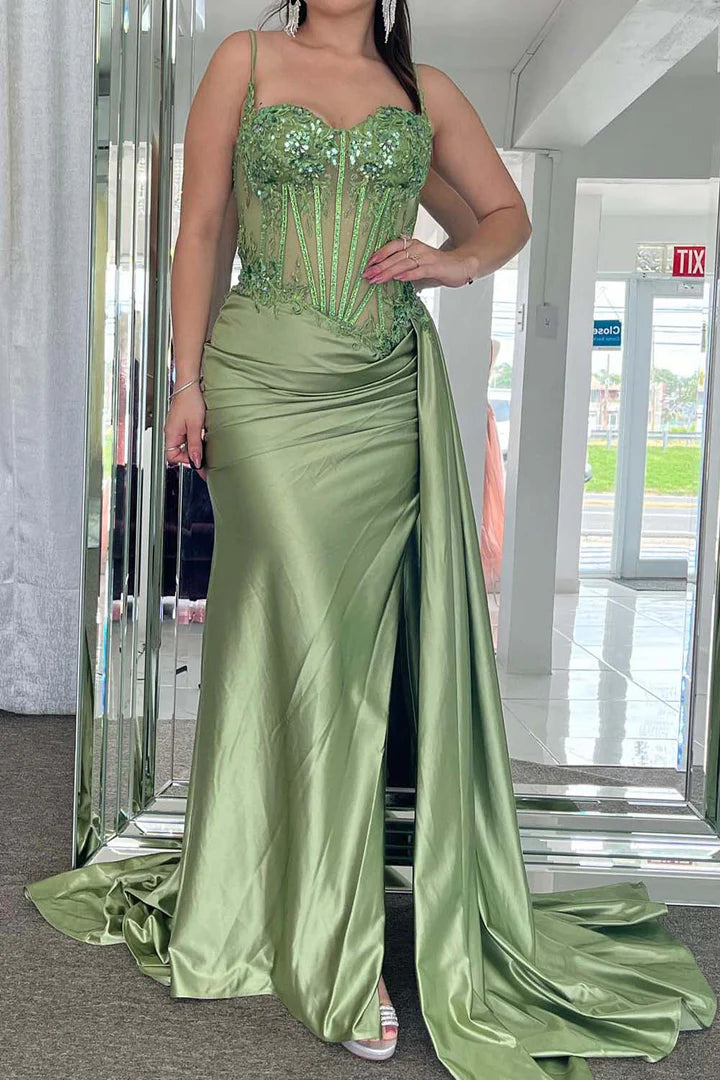 Stunning Sage Green Ruched Slit Prom Dress