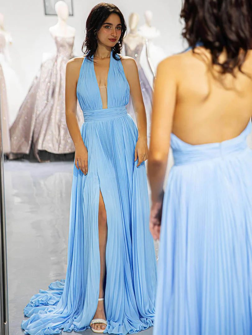 Beautiful and atmospheric Light Blue Backless Prom Dress