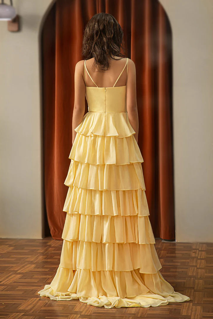 Cute yellow Prom Dresses with front slit
