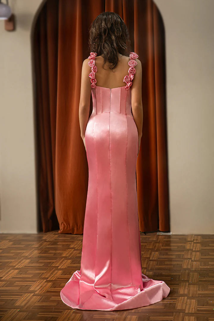 Satin Fitted Prom Dress with Flowers Straps