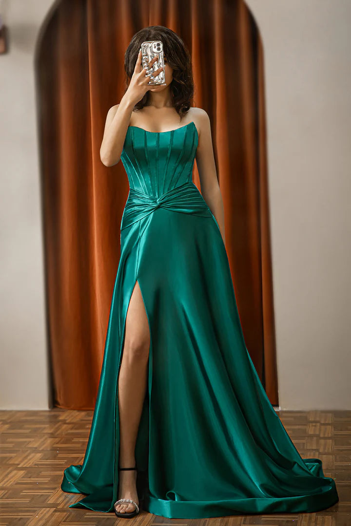 Strapless Satin Prom Dress with Slit